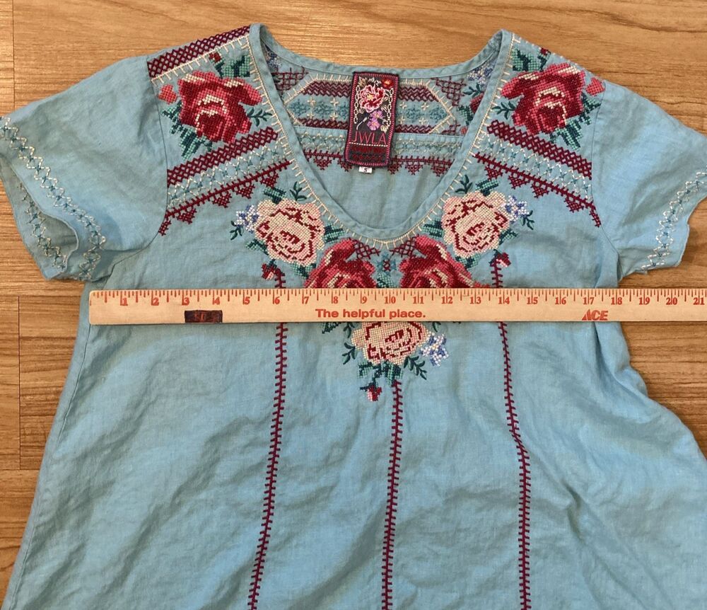 Johnny Was JWLA Womens S Blue V-Neck Embroidered Short Sleeve Tunic Rose Linen - Picture 11 of 11